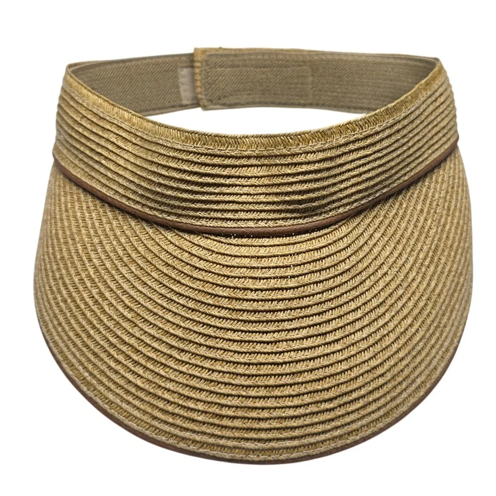 Nine West Straw Sun Visor Hat Tan Brown Woven Adjustable Hook Loop One Size